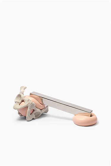 Satu Bushell, The Quiet Weight, plaster, glass beads, stainless steel, acrylic paint and plastic, 22 x 58 x 28 cm.