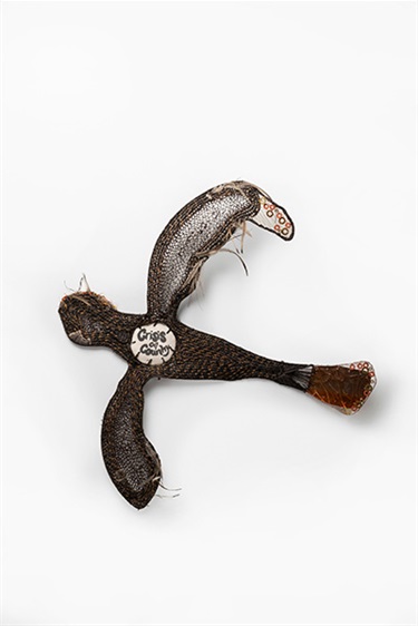 Wanita Lowe, Crisis on Country- Call of the Bilirr Bilirr (black cockatoo), wire, copper and brass, clay, raffia, hessian rope and emu feathers, 74 x 76 x 2 cm. Appears courtesy of Boomalli Aboriginal Art Gallery.
