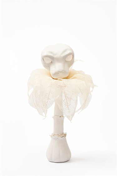 Kelly Fatseas, The Plumbing of Pneuma, magnolia skeleton leaves, nikawa, gofun, paperclay, glass and brass plumbing pipe, 37 x 20 x 22 cm.