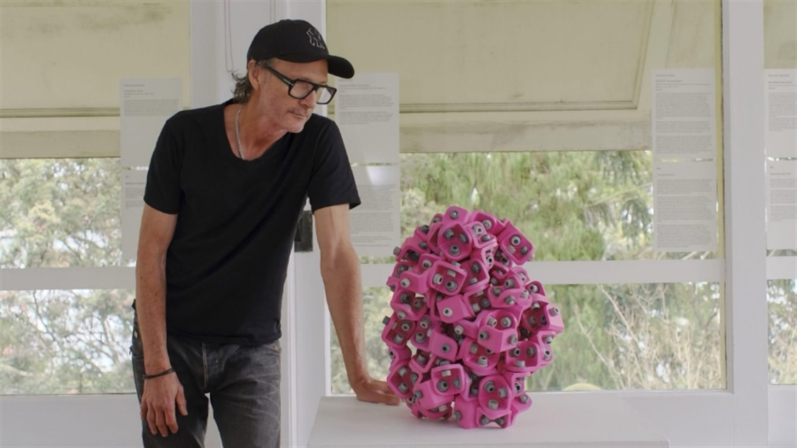 Mark Booth with Nascent State: (hot pink). Photo Leif Prenzlau