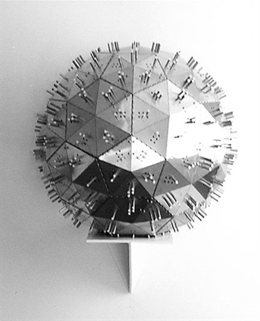 Adrian Page, Small Dome - hidden and revealed, stainless steel, brass standoffs, 80 cm. Courtesy of Smyrnios Gallery.