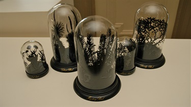 Alexis Beckett, Captured, glass, wood, plastic, 13 x 8.5 cm (x 2) and 23 x 15.5 cm (x 3).