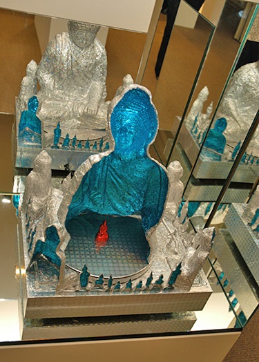 Lachlan Warner, The Moondisk of the Blue Buddha of Compassion, In Bhumisparsha: of process, Carcano foil, mirrors, glass, metal brackets, 45 x 23 x 64 cm. Courtesy of Multiple Box.
