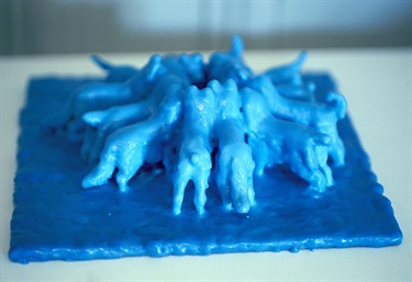 Louise Blyton, The Secret Meeting, wax, pigment, wood, acrylic, 30 x 30 x 12 cm.