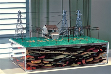 Steven Fasan, Welcome, HO scale plastic models, door mat, rubber snakes, Perspex, linen thread, 60 x 40 x 14 cm.