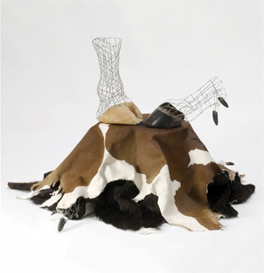 Alison Clouston, Dance, wire, hoof, claw, cow skin, wood, 80 x 80 x 48 cm.