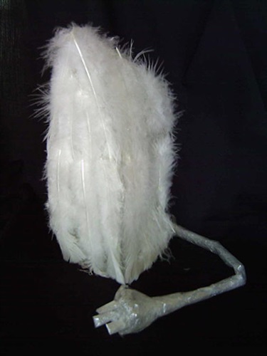 Leanne Barrett, Be an angel and iron this for me, sticky tape, turkey feathers, 15 x 12 x 26 cm.