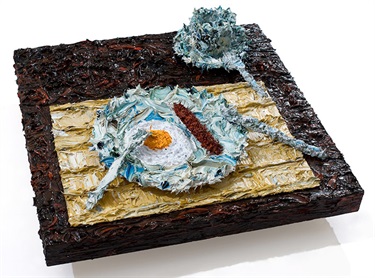 Daniel Malecki, Breakfast, MDF, steel, wire, plastic, canvas, bamboo, porcelain, oil, epoxy, 19 x 55 x 55 cm.