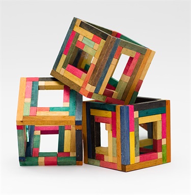 Lucy Barker, Playschool (Brain Child), wood, mirror, 25 x 25 x 25 cm.