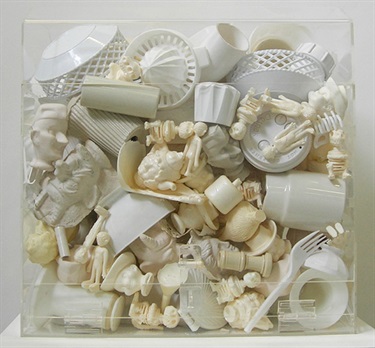 Ian Munday, White Relief (after Nicholson), found acrylic cabinet, cast polyurethane, ceramic, plaster, found material and objects, 54 x 41 x 37 cm.