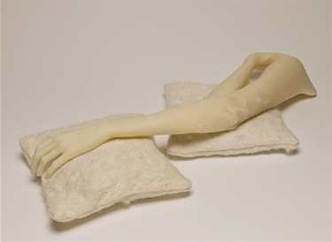 Kate Ellis, Untitled arms 2008, hardened bleached beeswax, silk thread, poodle fur, 71 x 18 x 13 cm. Courtesy of Karen Woodbury Gallery.