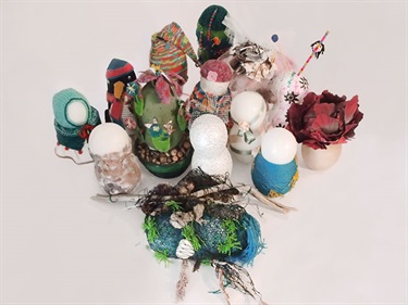 Louise Buchanan, Genetic Material: First Generation, Family Portrait, wax, yarn, found objects, 80 x 50 x 80 cm.
