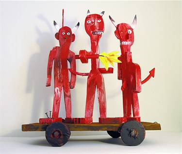 Michael Bell, Devils from Dazu, timber, wire, paint, 44 x 24 x 46 cm. Courtesy of Ray Hughes Gallery.