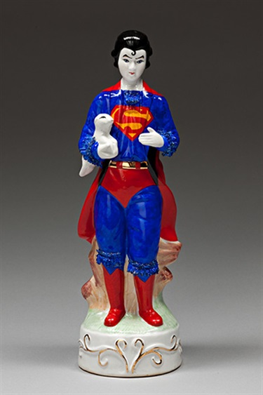 Penny Byrne, Super, vintage porcelain figurine, retouching medium, powder pigments, 35 x 11 x 11 cm. Courtesy of Sullivan+Strumpf Fine Art.