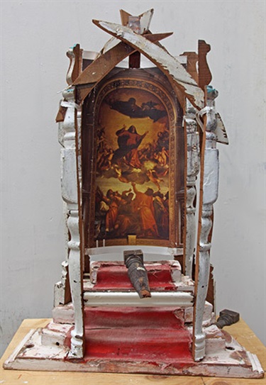 Rodney Pople, Altar Piece, mat, timber, linen, archival ink print, oil paint, string, nails, screws, 80 x 60 x 35 cm. Courtesy of Australian Galleries.