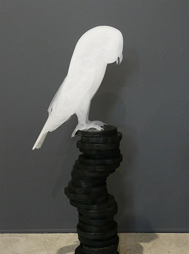 Roh Singh, Owl Blind, frosted acrylic, plywood, paint, 29 x 12 x 22 cm. Courtesy of Dianne Tanzer Gallery.