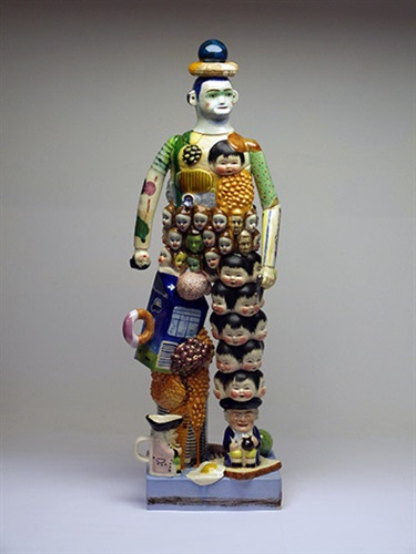 Stephen Bird, Breakfast Hero, clay, pigments, glaze, 69 x 23 x 16 cm. Courtesy of Ray Hughes Gallery.