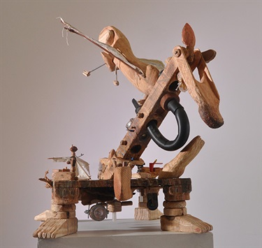 Micha Nissinov, An Amphibian Outstation, wood, steel, plastic, glass, acrylic/oil paints, mixed media, 76 x 74 x 66 cm.