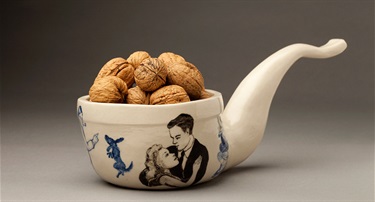 Sassy Park, Pipe, ceramic, walnuts, 18 x 14 x 30 cm.