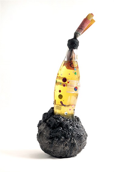 Simon Pericich, Progress in an Age of Decadence (*molotov), glass bottle, bitumen, petrol, oil, urine, resin, glitter, stickers, AUD $90, 36 x 13 x 12 cm.