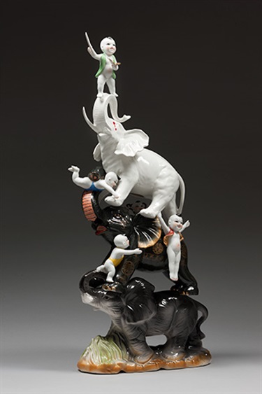 Penny Byrne, Tusk Tusk, vintage porcelain figurines, epoxy resin, epoxy putty, powder, pigments, retouching medium, 77 x 35 x 23 cm. Courtesy of Sullivan+Strumpf Fine Art.