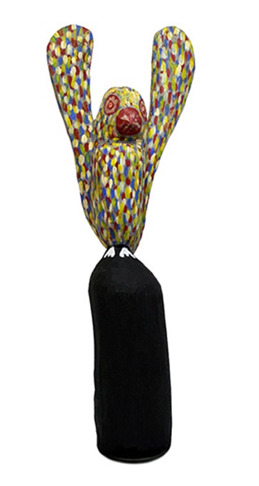 Simon Kunoth Pwerle, Bird with Upright Wings, acrylic on carved timber, 71 x 20 x 20 cm. Courtesy of Indigenart, Mossenson Galleries.