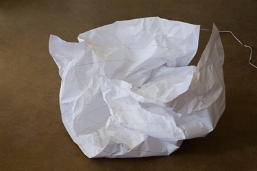 Tully Arnot, Scrunch / Paper Ball, paper, coloured pencil, double sided tape, 12V fans, timer, 50 x 80 x 80 cm.