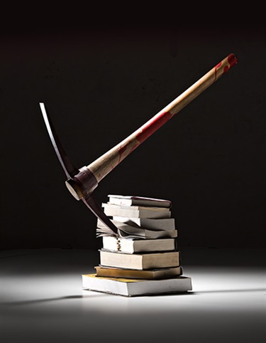 Karleena Mitchell, Art Attack, books, pick, paint, metal rod, base, 80 x 70 x 70 cm.