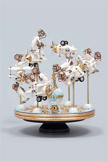 Robyn Hosking, The Wing Walker, stoneware and porcelain slip, decals, lustres, fine silver, turntable, mixed media, 52 x 42 x 42 cm.