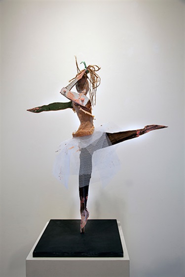 Rodney Pople, Layla, wood, wax, pigment, hessian, tulle, metal, slate, 70 x 60 x 31 cm. Courtesy of Australian Galleries.