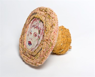 Rosalind Byass, Fossicker, fabric coils, hand stitched buttons, labels, abric coils, hand stitched buttons, labels, 21 x 32 x 32 cm.