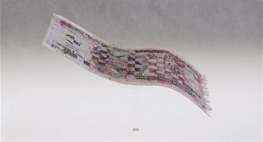 Abdullah M. I. Syed, Weaving Myth VI: U.S. vs China (from Flying Rug series), hand-cut and weaved 100 US Dollar bill and 100 Chinese Yuan installed in custom Perspex vitrine as a 3D flying rug, 14 x 16.5 x 26 cm. Courtesy of Aicon Gallery, New York.