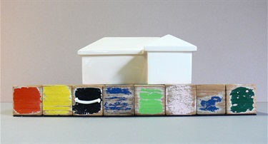 Darren McGinn, Building Blocks, hand-modelled and slip cast ceramic, bone, children's building blocks, 13 x 34 x 17 cm.