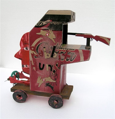 Michael Bell, Nine Ways, timber, reinforced pizza boxes, enamel, 42 x 50 x 18 cm. Courtesy of The Hughes Gallery.
