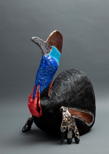 Peter Cooley, Cassowary 3, ceramic earthenware, 63 x 37 x 49 cm. Courtesy of Martin Browne Contemporary.