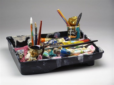 Stephen Bird, Paint Tray, clay, pigments, glaze, 23 x 36 x 33 cm. Courtesy of Olsen Irwin Gallery.