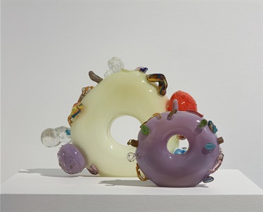 Bronwyn Sargeson and Floria Tosca, the everything ring and the little ring with the lot, blown, flameworked and hot-sculpted glass, dimensions variable. Floria Tosca appears courtesy of Nanda\Hobbs, Sydney.