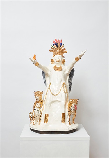 Katherine Castillo Alferez, Chiminigagua (The Universe), glazed ceramic, gold lustre, mix medium on wooden base, 57 x 35 x 30 cm.