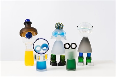 Tanya Reinli, Bottled Personalities, wine, spirit, perfume bottles, stoppers, rejected blown glass and bottle lids, Between 10 x 6 x 6 cm and 20 x 8 x 8 cm.