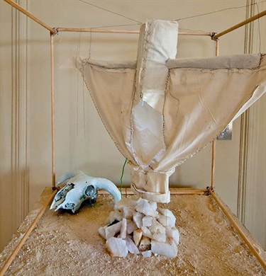 Adam Cullen and Michael Binkins, The Ghost of Hill End's Love Child, wood, copper, quartz, iron, plastic, bone, papier mâché, wire, tubing, 70 x 70 x 70 cm. Courtesy of Michael Reid Gallery.
