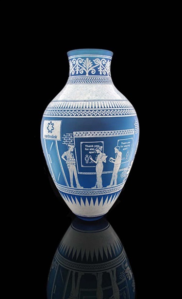 Jessica Murtagh, Modern Relic X: In this Together, blown glass, sandblasted and engraved, 46 x 27 x 27 cm.
