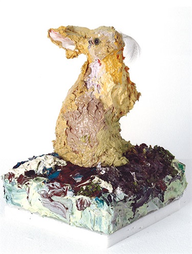 Jessie Cacchillo and Craig Waddell, Ruby Rabbit, wood, plaster, oil paint, resin, canvas, feather, 30 x 31 x 21 cm. Courtesy of Mori Gallery.